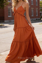 Burnt Orange A-line V Neck Sleeveless Floor-Length Chiffon Prom Dress Long Prom Dresses Backless with Pleated Ruffles