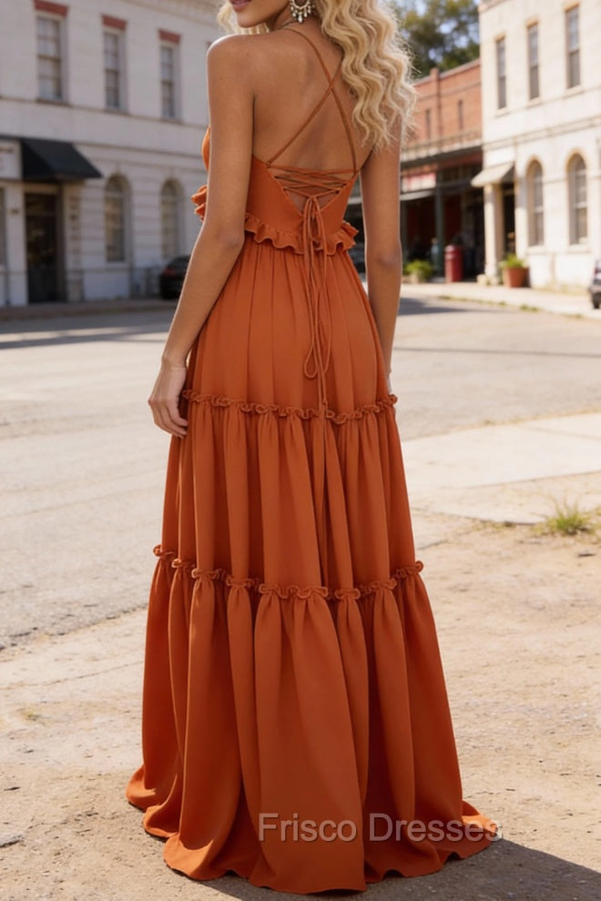 Burnt Orange A-line V Neck Sleeveless Floor-Length Chiffon Prom Dress Long Prom Dresses Backless with Pleated Ruffles
