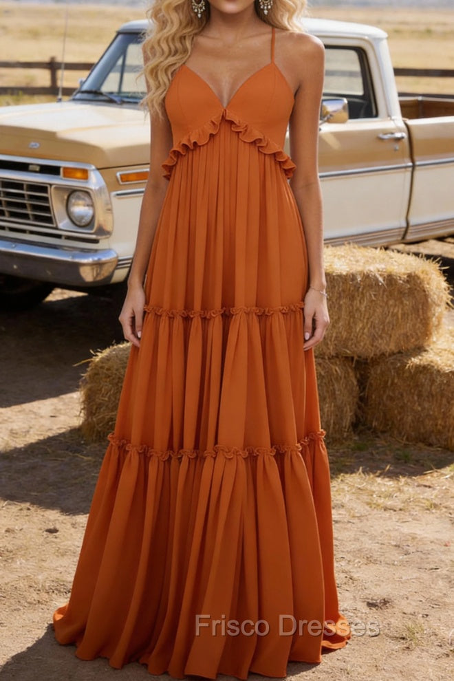 Burnt Orange A-line V Neck Sleeveless Floor-Length Chiffon Prom Dress Long Prom Dresses Backless with Pleated Ruffles Main image