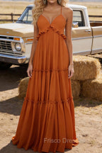 Burnt Orange A-line V Neck Sleeveless Floor-Length Chiffon Prom Dress Long Prom Dresses Backless with Pleated Ruffles