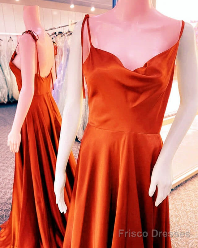 Burnt Orange Cowl Neck Satin Bridesmaid Dress With Straps Main image