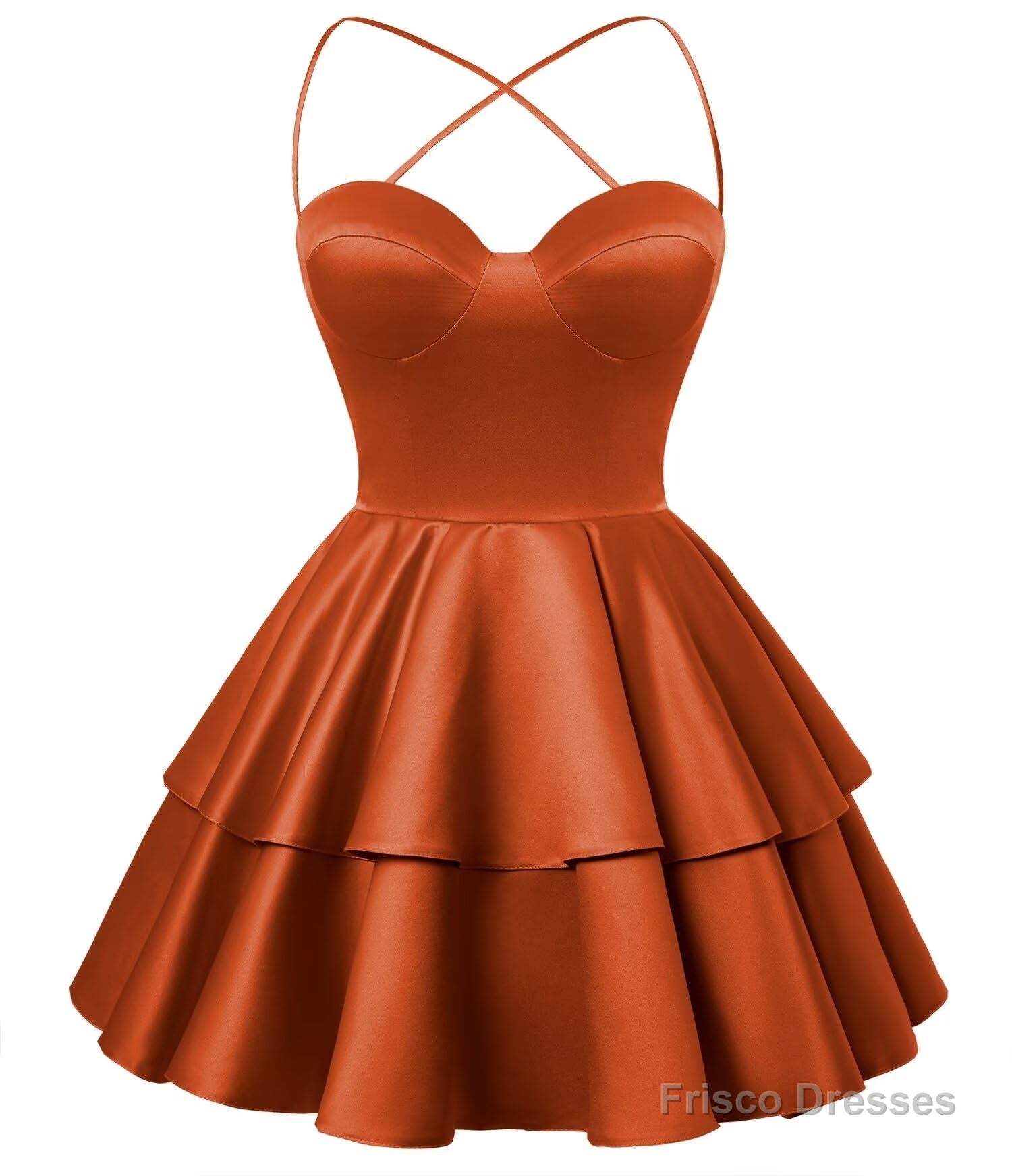 Burnt Orange Satin Homecoming Dress Sweetheart Neck Tiered Short Graduation Dresses Secondary image