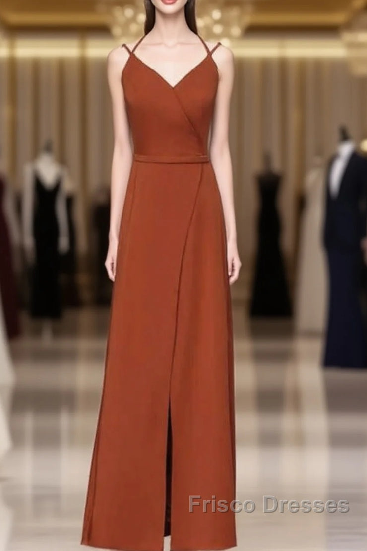 Burnt Orange Slit Bridesmaid Dress With Straps Main image