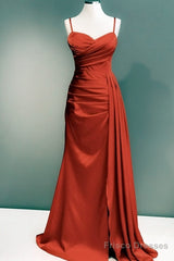 Burnt Orange Sweetheart Slit Satin Spaghetti Straps Dress