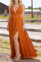 Burnt Orange V Neck Chiffon Floor Length Bridesmaid Dresses Long Bridesmaid Dress With Pleated Split