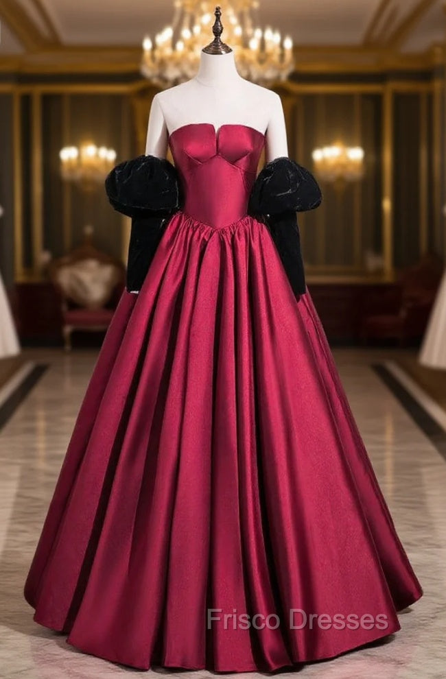 Burugndy Satin Strapless Black Velvet Long Sleeve Formal Prom Dress Main image