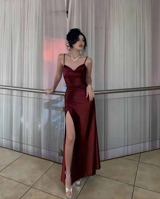 Burugndy Spaghetti Straps Long Prom Dress With Side Slit Main image