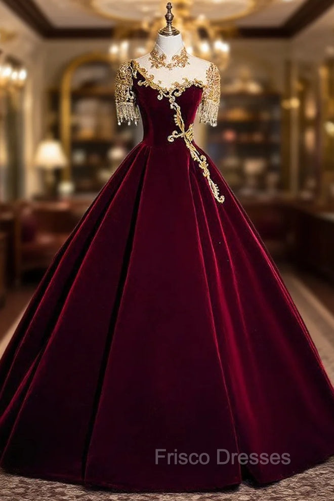 Burugndy Velvet High Neck Short Sleeve Beading Formal Prom Dress Main image