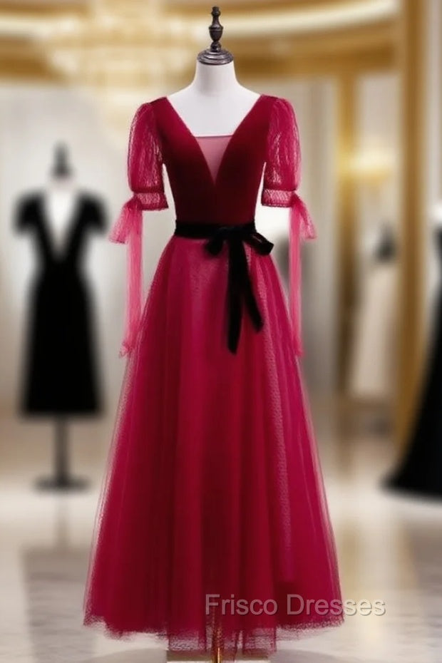 Burugndy Velvet Tulle Short Sleeve Formal Prom Dress Main image