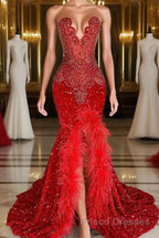 Mermaid Formal Prom Dresses with Sequins Sleeveless Split Beadings and Feather Embellishments