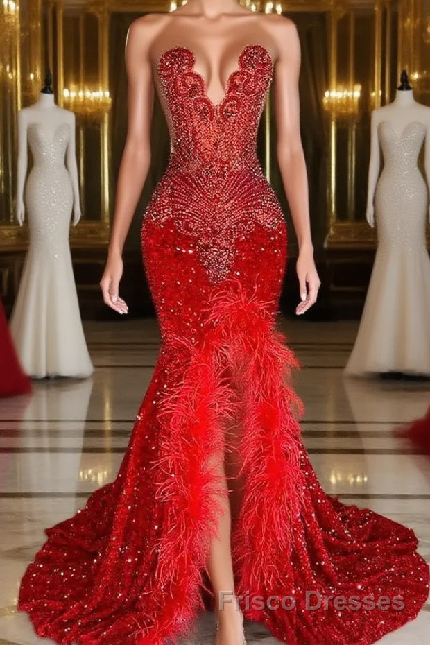Mermaid Formal Prom Dresses with Sequins Sleeveless Split Beadings and Feather Embellishments