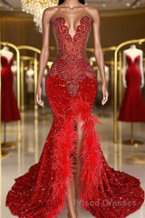 Red Sleeveless Sequins Mermaid Formal Prom Dresses with Front Slit Beadings and Feathers