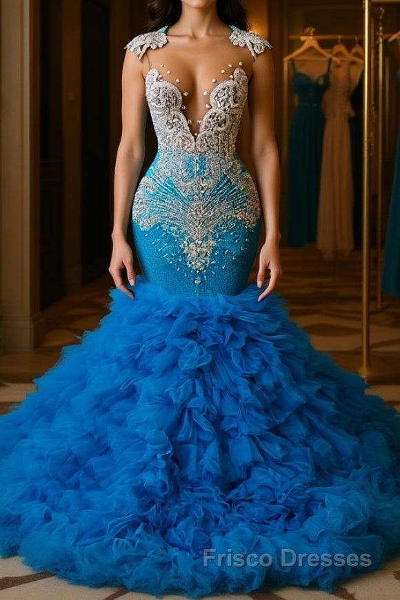 Ocean Blue Mermaid Tulle Ruffle Formal Prom Dresses Long With Beadings Main image