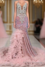 Pink Halter Mermaid Formal Prom Dresses with Sequins Beadings and Tulle Ruffle