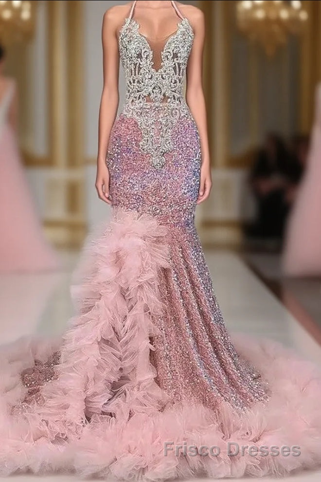 Pink Halter Mermaid Formal Prom Dresses with Sequins Beadings and Tulle Ruffle