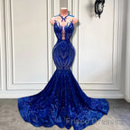 Sequins Royal Blue Sleeveless Mermaid Formal Prom Dresses