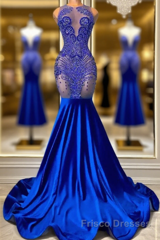 Sleeveless Royal Blue Scoop Neck Mermaid Formal Prom Dresses with Beadings Main image