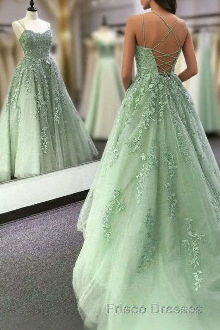 Sage Green Straps Tulle With Lace Train Long Formal Prom Dress, Sage G   Frisco Dresses