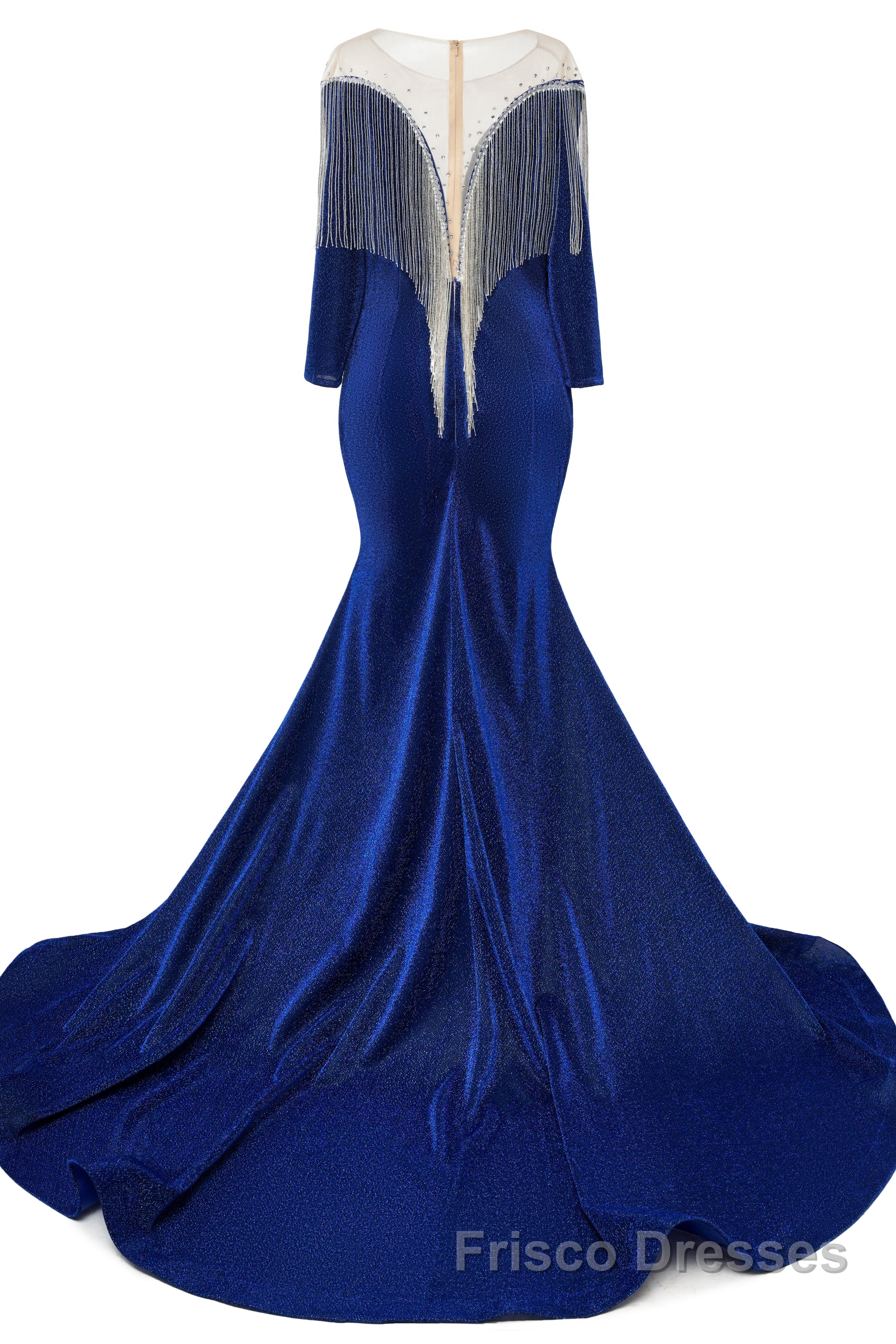 Deep V-neck Shiny Royal Blue Long sleeves Mermaid Formal Prom Dresses