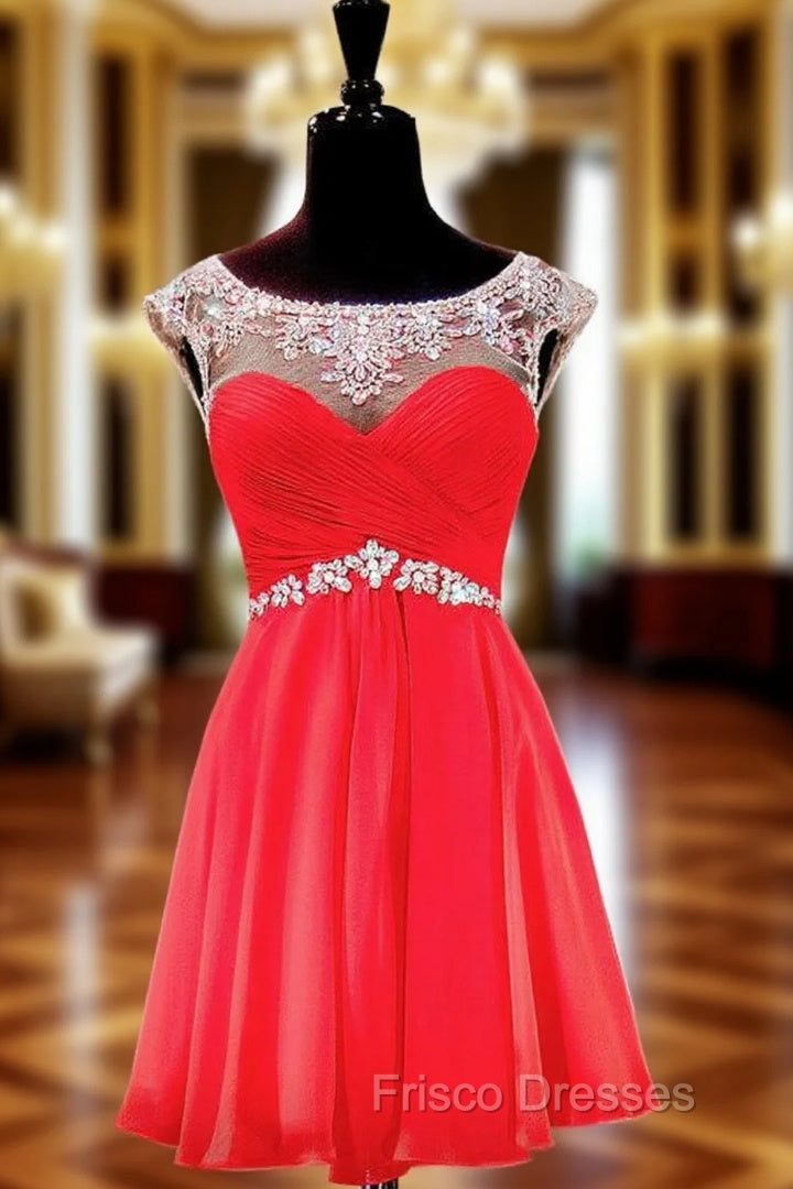 Cap Sleeve Beaded Crystals Backless Red Chiffon Homecoming Dress Main image