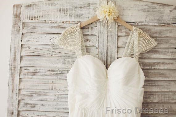 Cap Sleeve Floor Length Chiffon Pleated Wedding Dresses With Beading