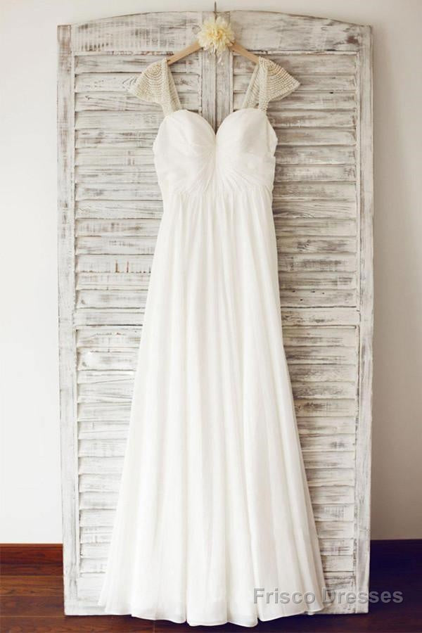 Cap Sleeve Floor Length Chiffon Pleated Wedding Dresses With Beading