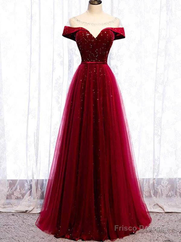 Cap Sleeve Red Sparkly Tulle Long Cheap Evening Prom Dresses Main image