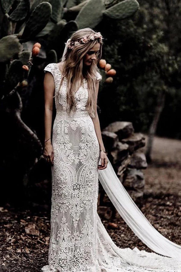Cap Sleeve Sheath Boho Wedding Dresses Vintage Lace Rustic Wedding Dress Main image