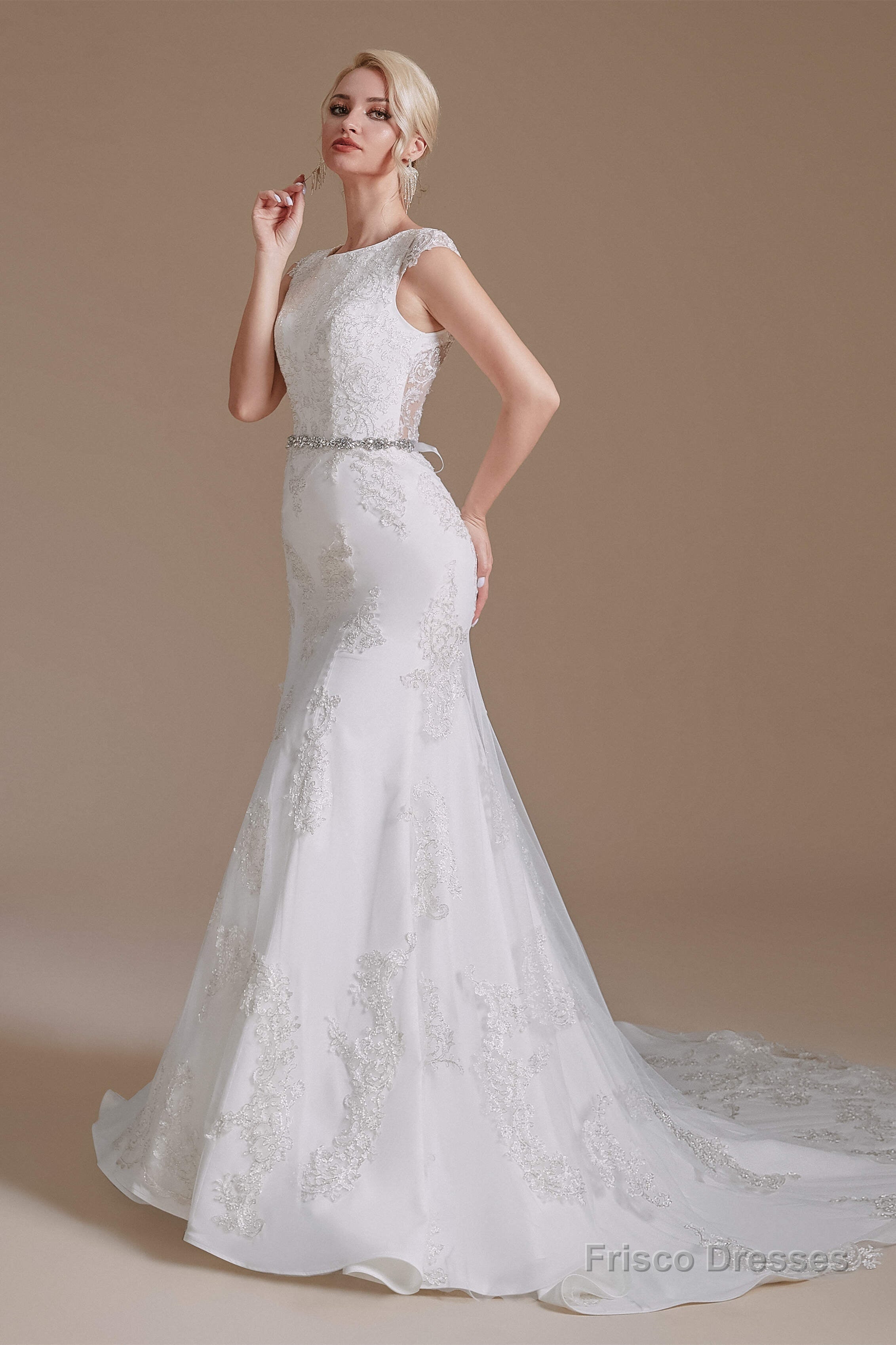 Cap Sleeve Sparkle Beaded Lace Appliques Gown Bow Sash Train Wedding dresses