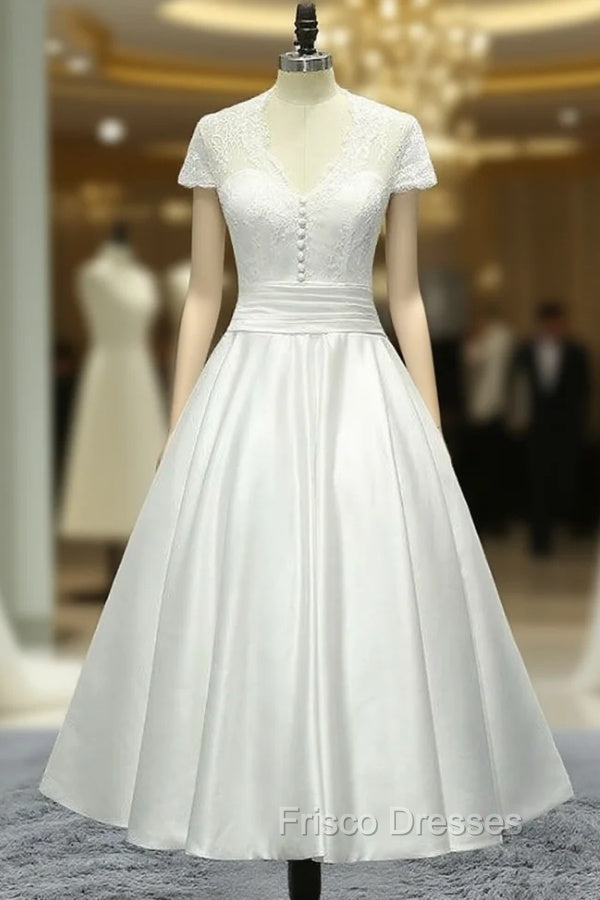 Cap Sleeve Tea Length Sheer Back Satin Short Wedding Dress Main image