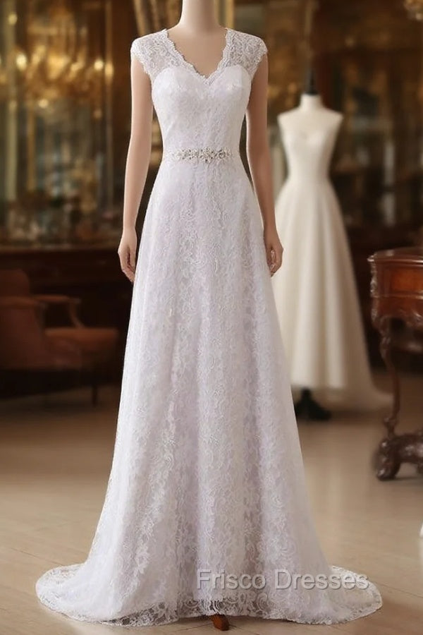 Cap Sleeve V-neck A-line Lace Beaded Sashes Wedding Dress