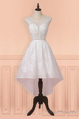 Cap Sleeves High Low White Lace Sheer Short Wedding Dress