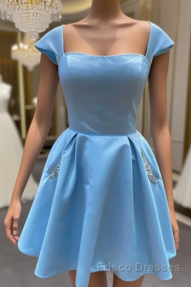 Cap Sleeves Light Sky Blue Satin Short Homecoming Dresses With Beaded Bodice Main image