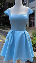 Cap Sleeves Light Sky Blue Satin Short Homecoming Dresses With Beaded Bodice