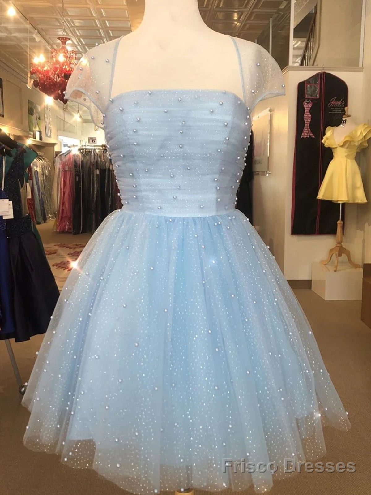 Cap Sleeves Short Beaded Prom Dresses, Short Blue White Yellow Graduation Homecoming Dresses Main image