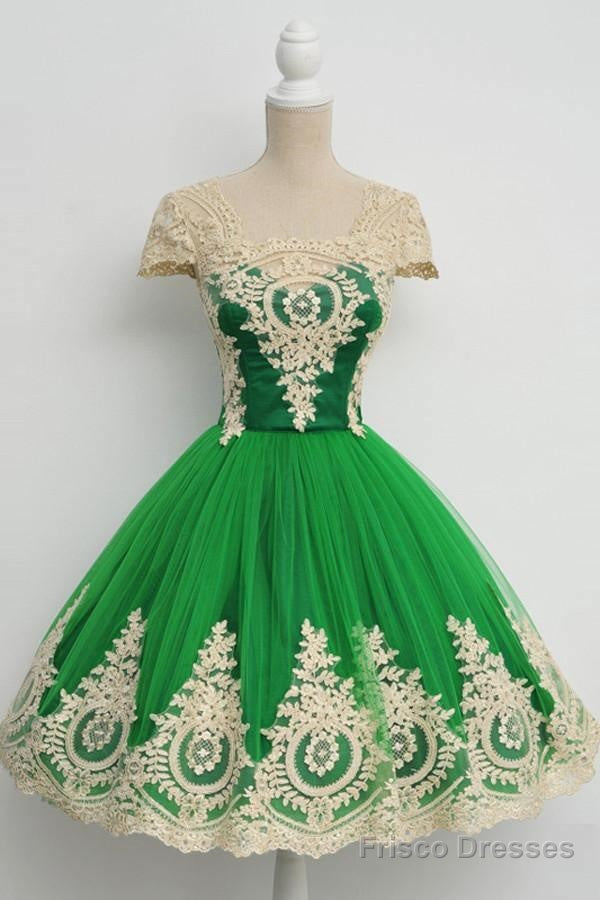 Cap Sleeves Square Knee-Length Green Homecoming Dress With Lace Main image
