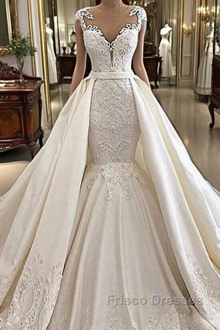 Cap sleeves White Mermaid 2 in 1 Wedding Dress with Overskirt Main image