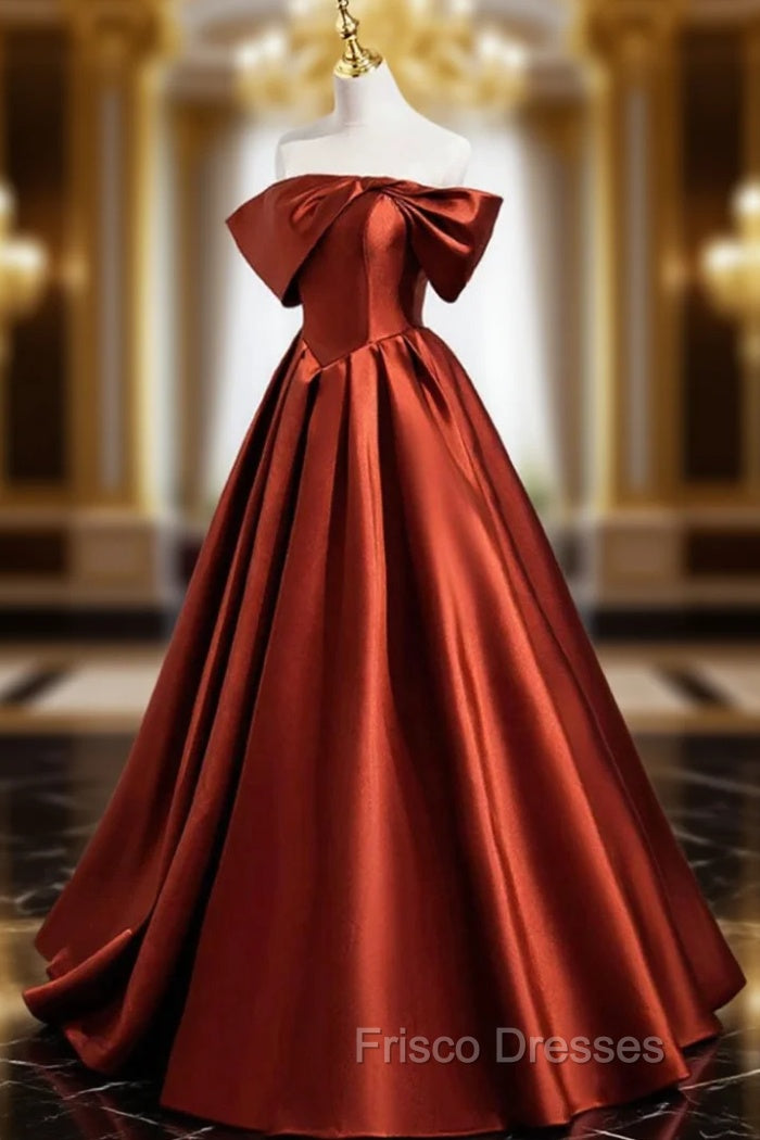 Caramel Floor Length Satin Formal Dress, Cute Off Shoulder A-line Evening Dress