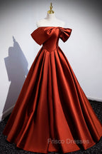 Caramel Floor Length Satin Formal Dress, Cute Off Shoulder A-line Evening Dress
