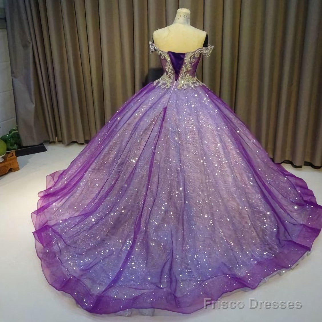 Purple Off The Shoulder Ball Gown Bling Bling Prom Dress Secondary image