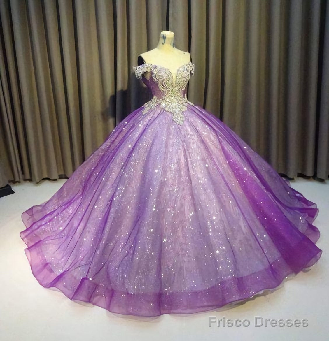 Purple Off The Shoulder Ball Gown Bling Bling Prom Dress Main image
