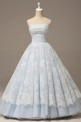 Light Blue Organza Lace Sweetheart A Line Long Prom Dress, Princess Ball Gown Dress