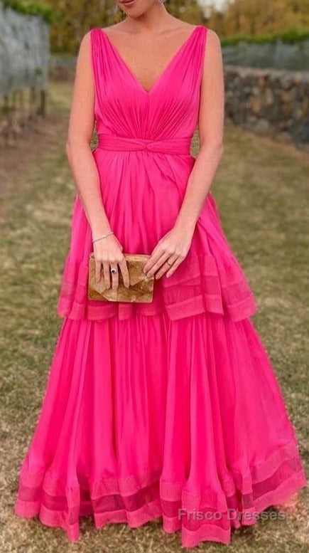 Hot Pink V-Neck A-Line Chiffon Two Layers Evening Dresses Long Prom Dresses Main image