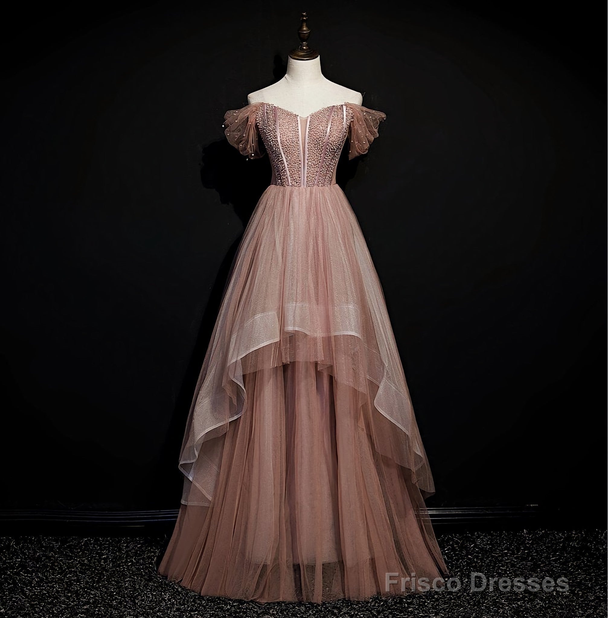 Dark Pink Tulle Beaded Layer Tulle Long Evening Dress, Charming Prom Dress Secondary image