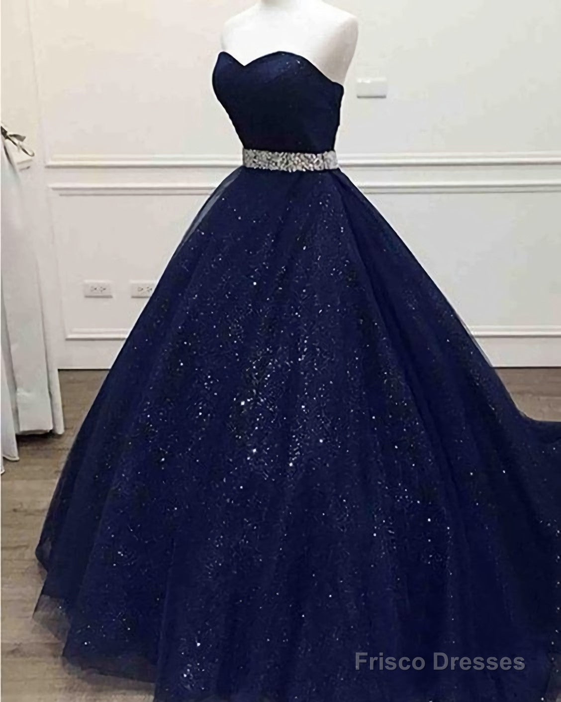Ong Navy Blue Sparkle Sweetheart Tulle Prom Dress, With Beading Belt Secondary image