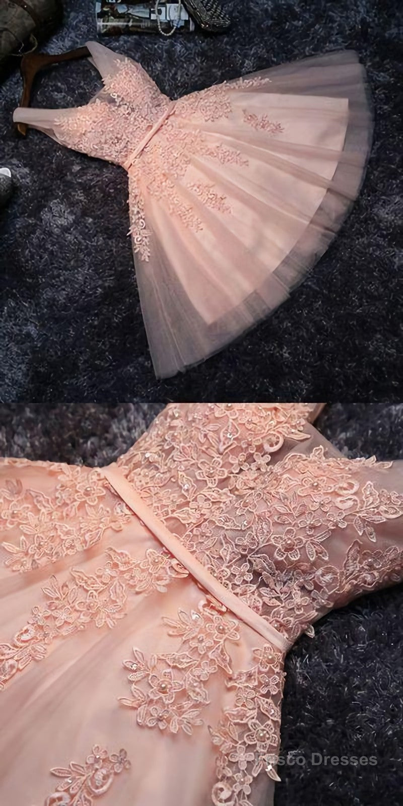 Princess Lace Appliqued Tulle Homecoming Dress, Blush Pink Short Bridesmaid Dresses, Short Homecoming Dress Main image