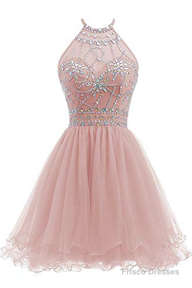 Beaded Halter Homecoming Dress, Short Tulle Dress