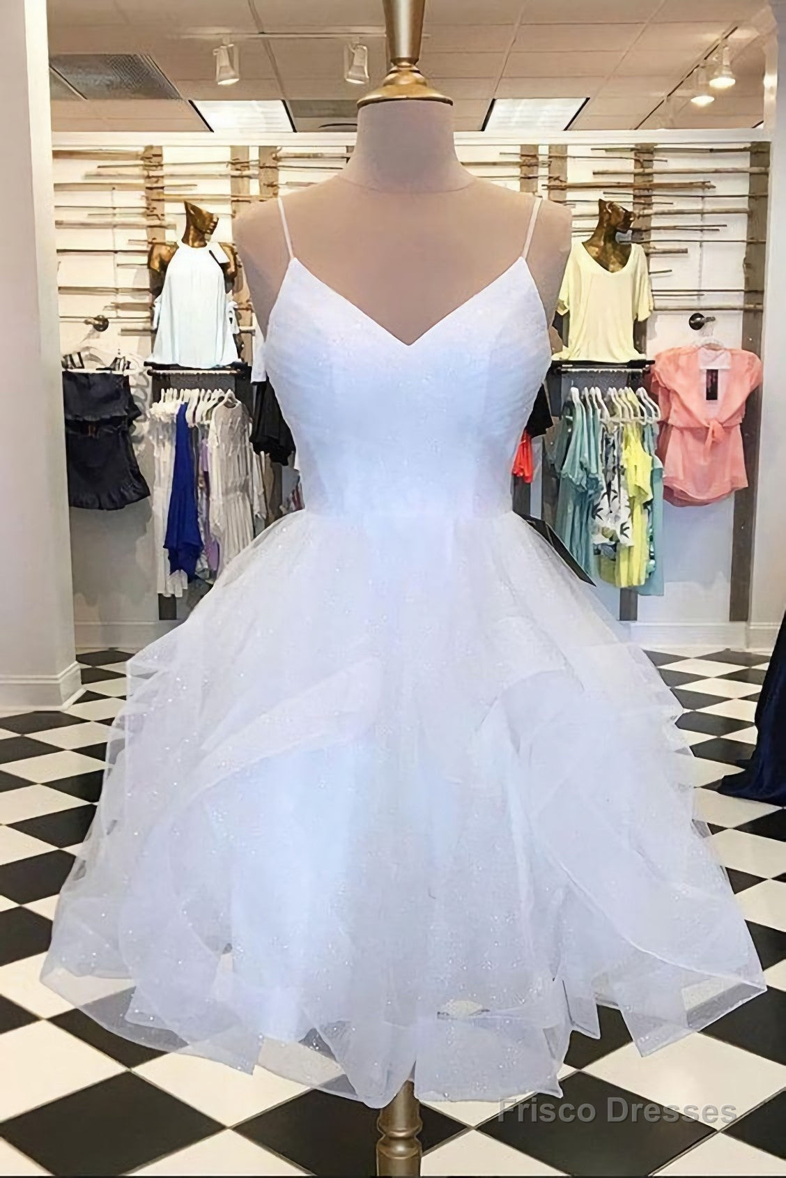 White Tulle Layered V Neck Short Homecoming Dress, White A Line Party Dress Main image