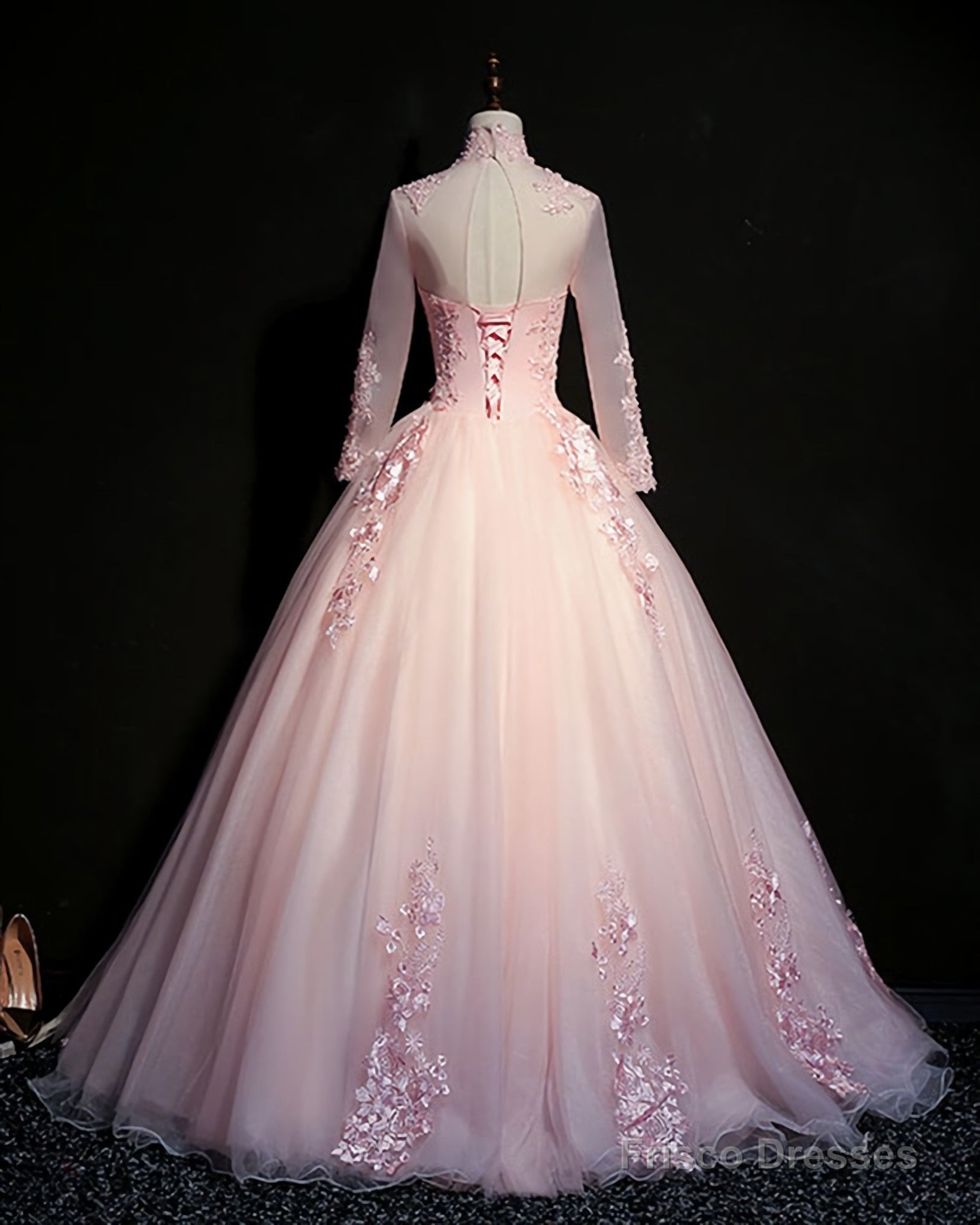 Pink Tulle Beaded Long Lace Applique Formal Prom Dress, Evening Dress, With Sleeve