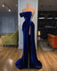One Shoulder Royal Blue Velvet Evening Prom Dress, With Slit